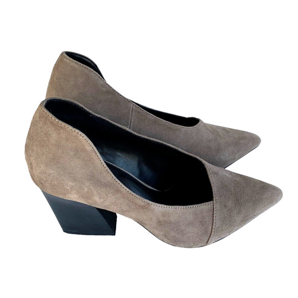 Golo Noe Suede Pumps Dress Shoes Block Heel Taupe Tan Retro Pointed Toe 7M NWOT - Picture 1 of 10